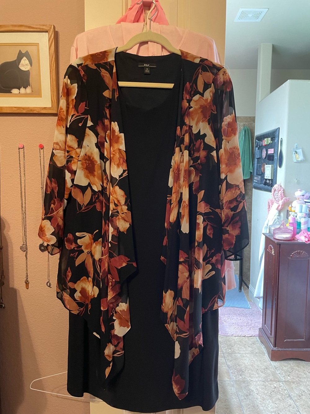 R&K Black Dress with Brown and Cream Floral Overlay
